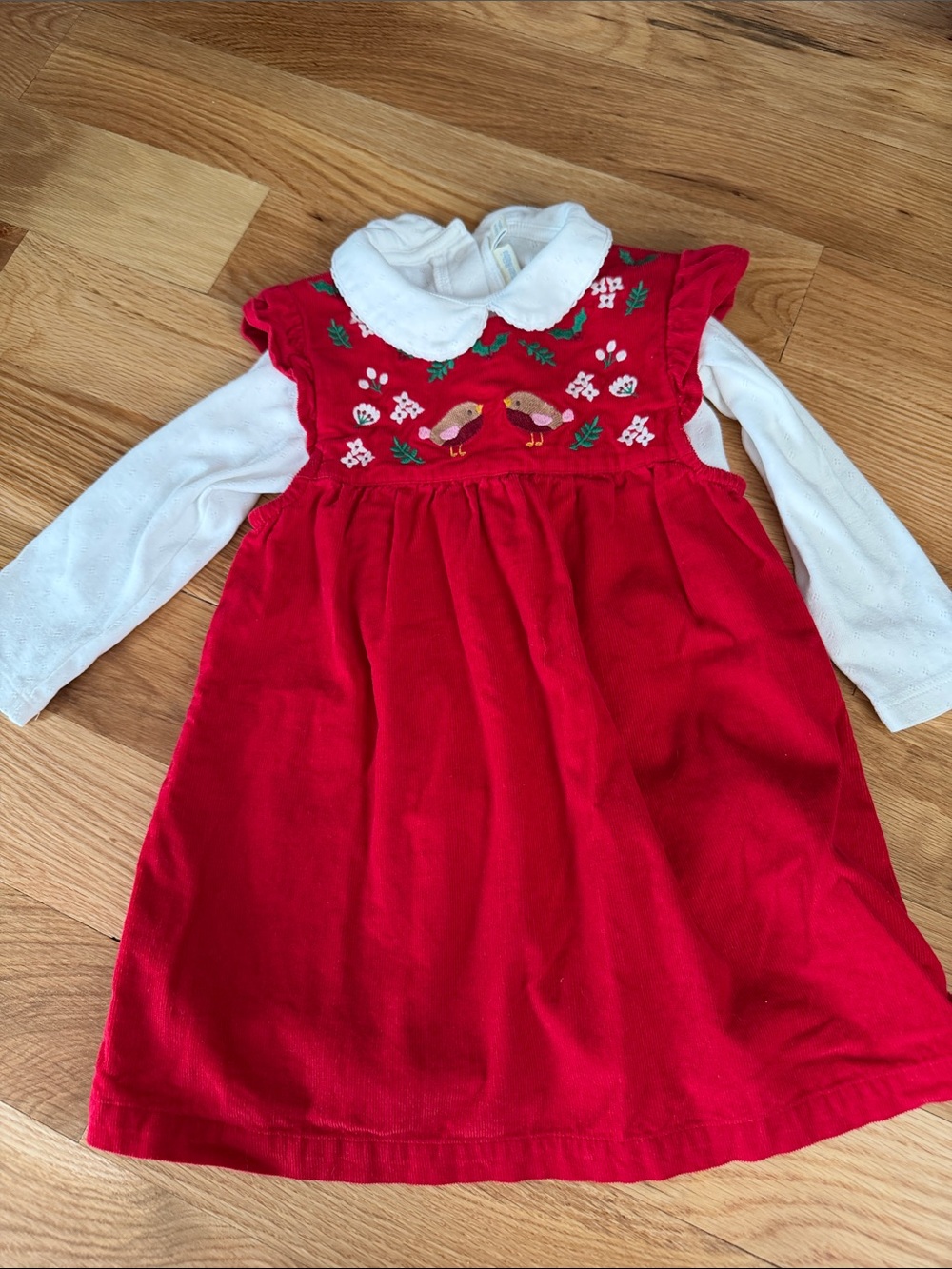 Red Embroidered Bird Corduroy Baby Dress - JoJo Maman Bébe